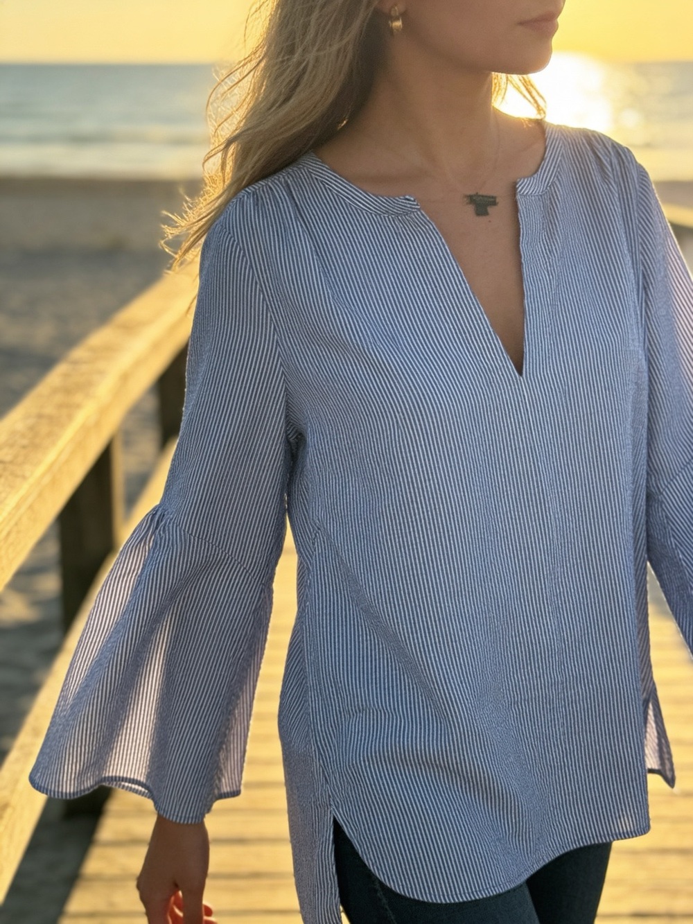 Woman’s Pintuck Blue & White Pinstripe Split-Neck Bell Sleeve Top  Size L